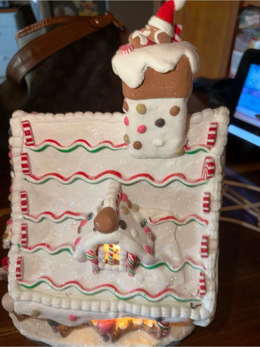 Kurt Adler Lighted Gingerbread Cottage in White, Red, Green